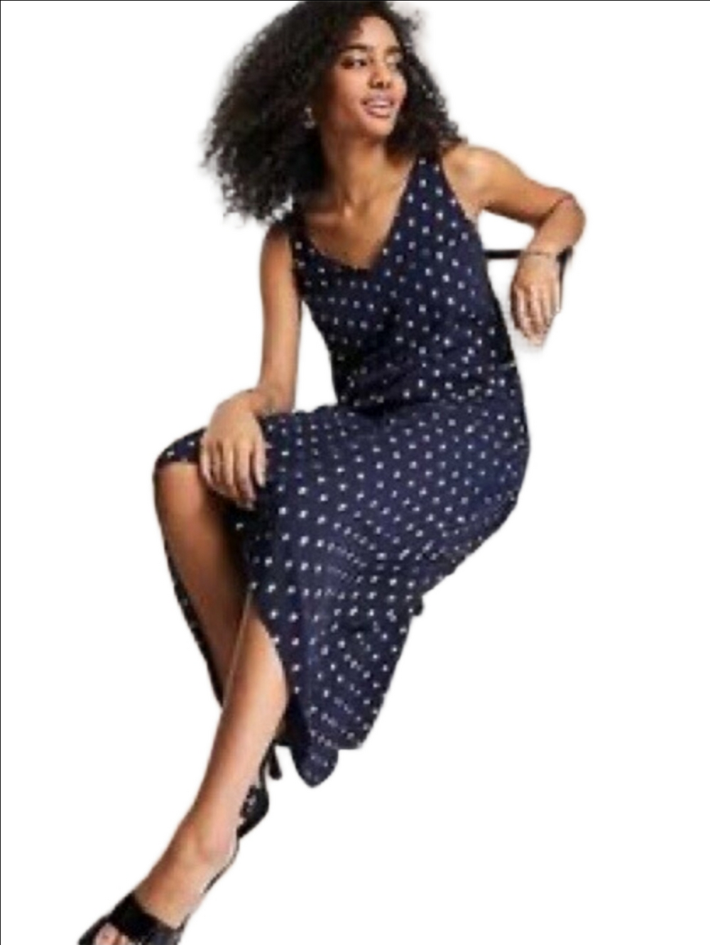TED BAKER Navy Gold Polka Dot Sleeveless v-neck Midi Dress